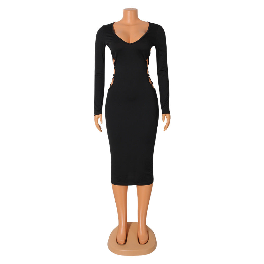 Women's Fashion Skinny Backless Hollow V-Neck Dress