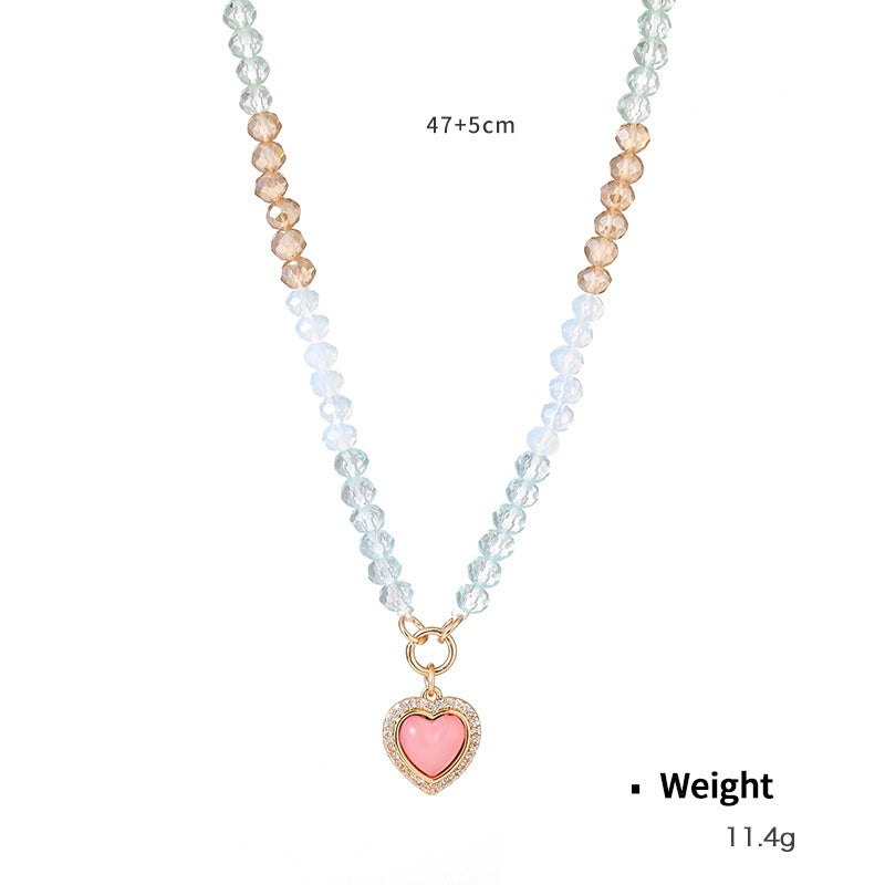Summer Colorful Beaded Female Acrylic Copper Inlaid Zirconium Candy Color Heart Peach Necklace