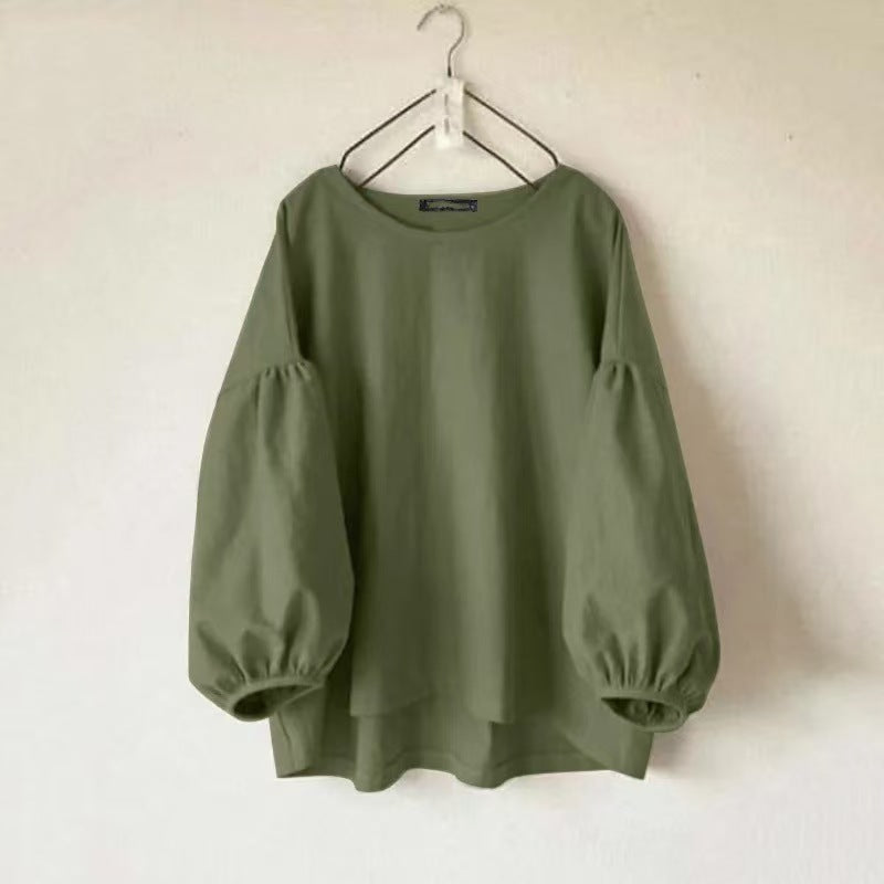 Women's Loose-fit Vintage Crew-neck Shirt With Puff Sleeves