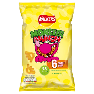 18 x Walkers Monster Munch Sabor Carne Asada 6 Paquetes de 22g