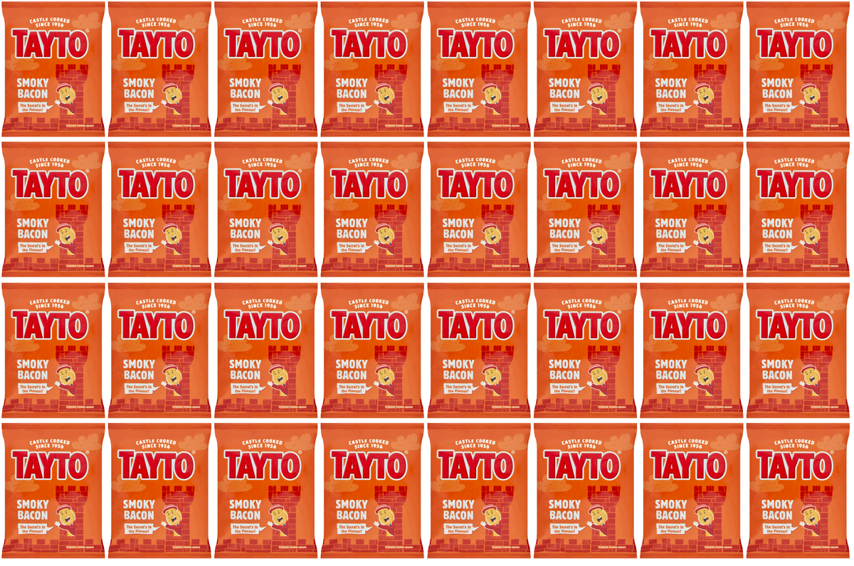 Patatas fritas Tayto con sabor a panceta ahumada 32.5g – Paquete de 32 | Patatas fritas de Irlanda del Norte