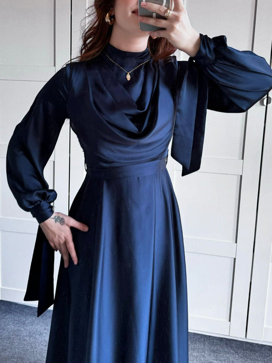 Satin Plunge Neck Long Sleeve Maxi Dress | Evening Gown