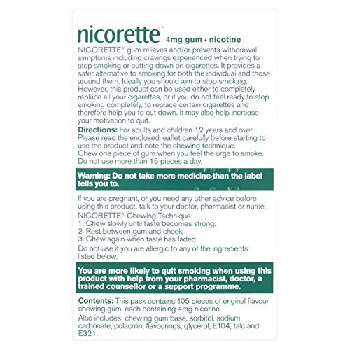 Nicorette Original Chewing Gum, 4 mg, 105 Pieces (Quit Smoking & Stop Smoking Aid)- Sugar free