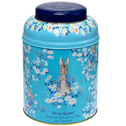 New English Teas Peter Rabbit Tea Caddy with 240 English Breakfast Tea Bags in Blue, Beatrix Potter