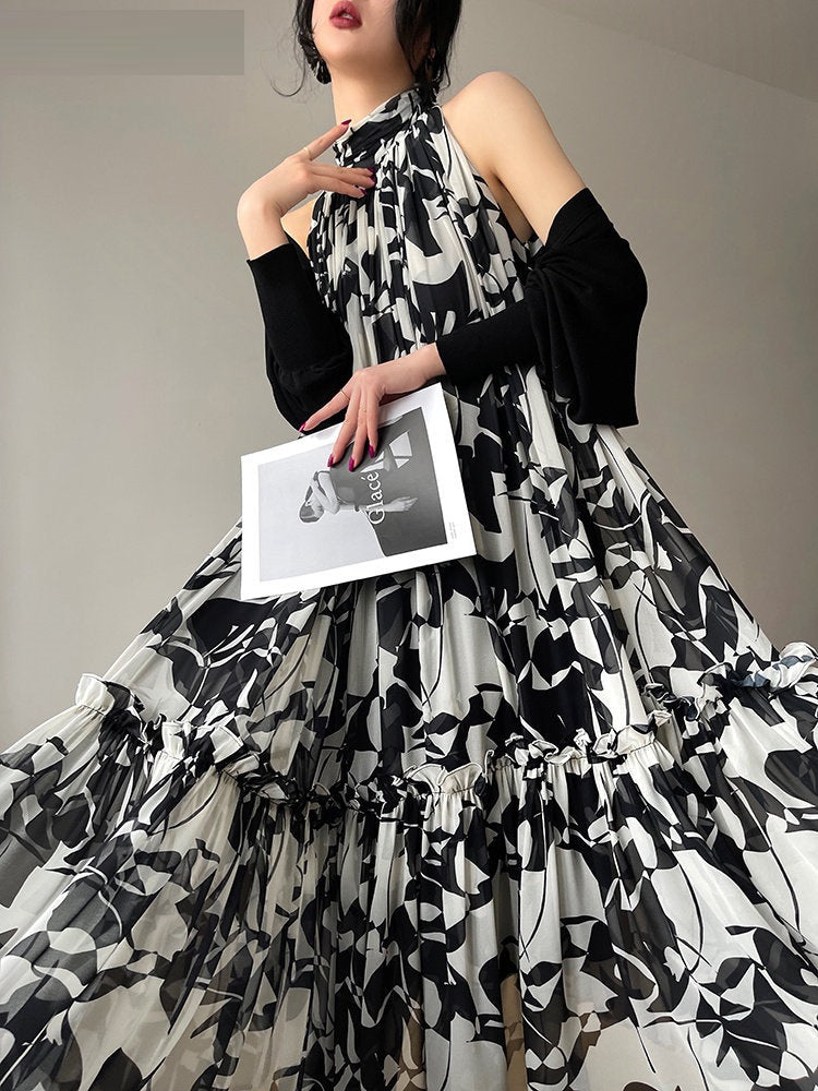 Summer French Haute Couture Black Floral Halter Neck Dress