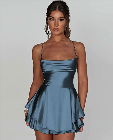 Sexy Backless Drawstring Pleated Mini Women Dress
