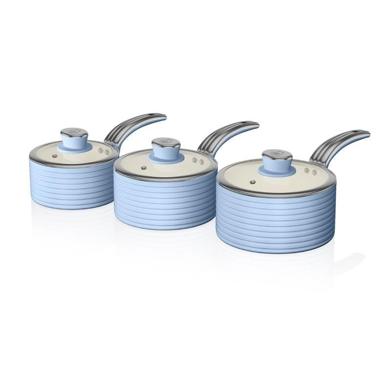 Swan Blue Retro 3 Piece Saucepan Set
