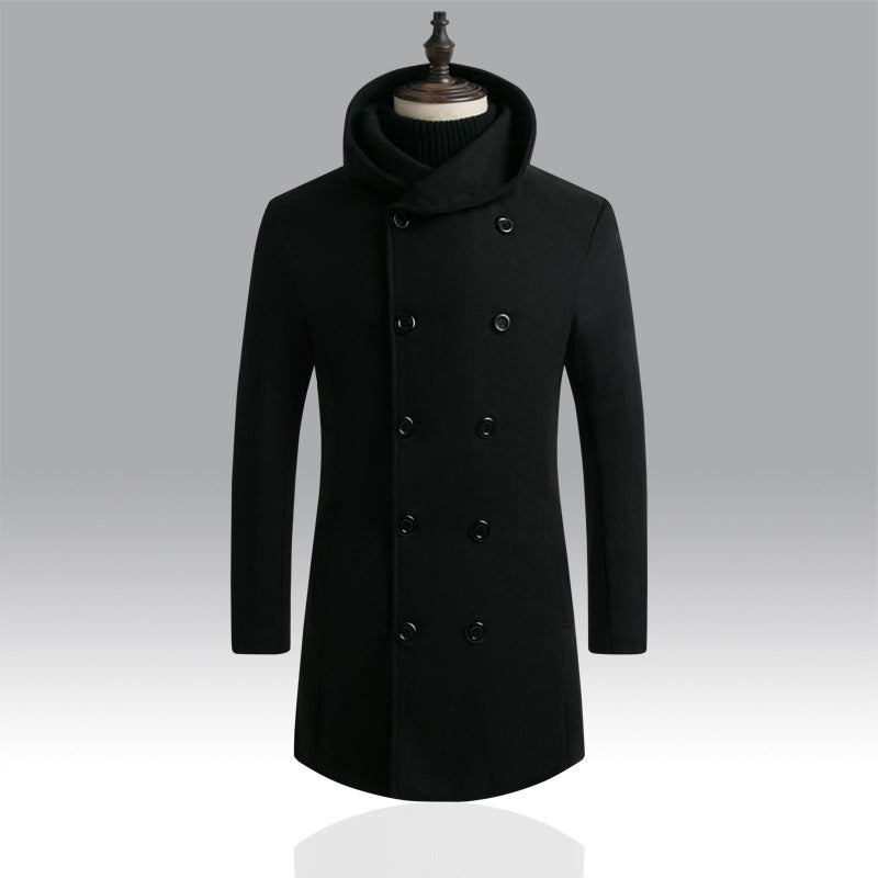 Men's Mid-Length Woolen Coat Padded Hooded Trench Coat