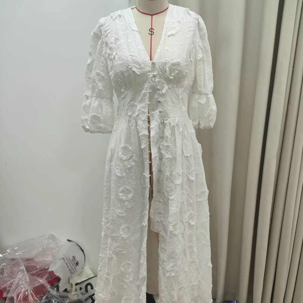 V-neck Puff Sleeve Dress White Embroidered Women