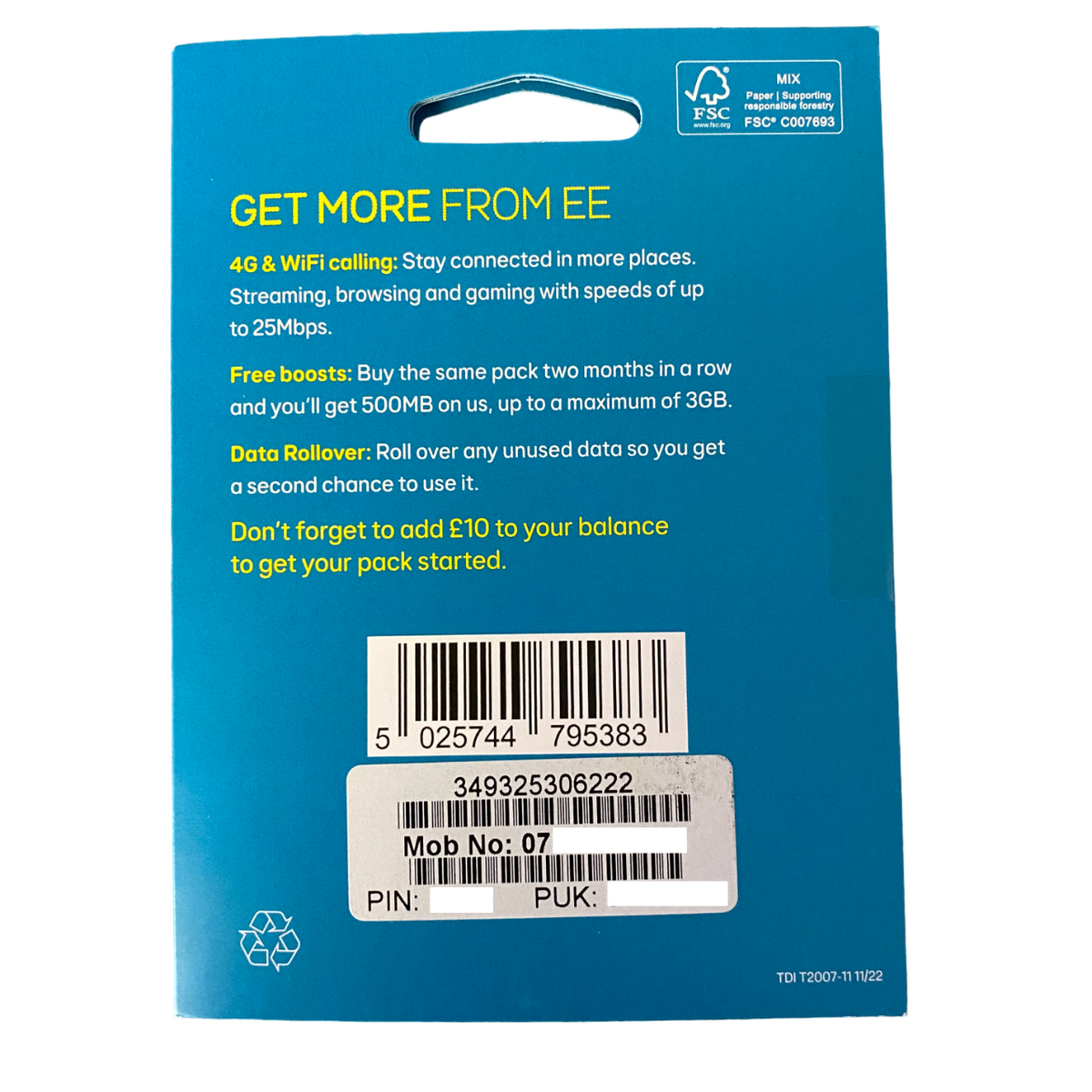EE Pay As You Go Sim Card - £10 Subscription Pack