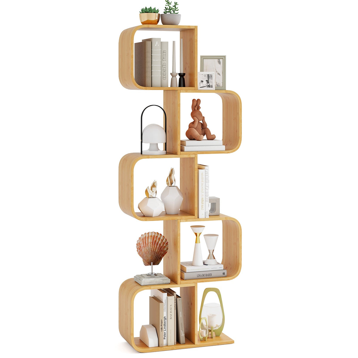 S-Shaped Bookcase Bamboo Bookshelf with 2 Open Cubes-4-Tier