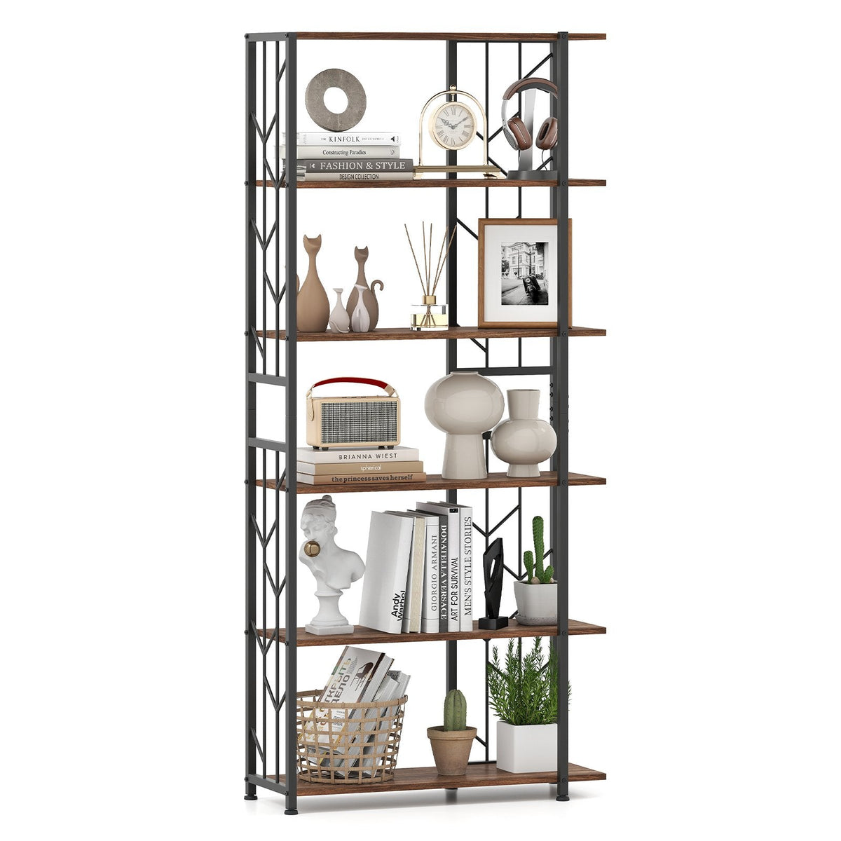6-Tier Modern Geometric Bookcase with Heavy-duty Metal Frame for Study-White