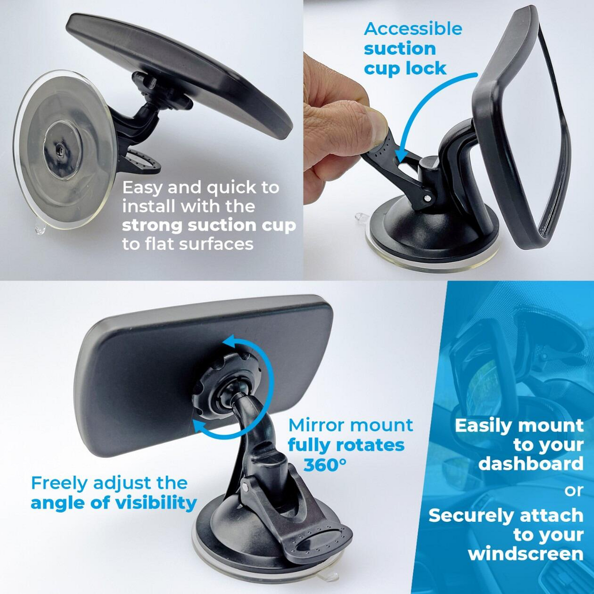 Small Wide Angle Interior Car Mirror - Adjustable Suction Cup for Extra Visibility