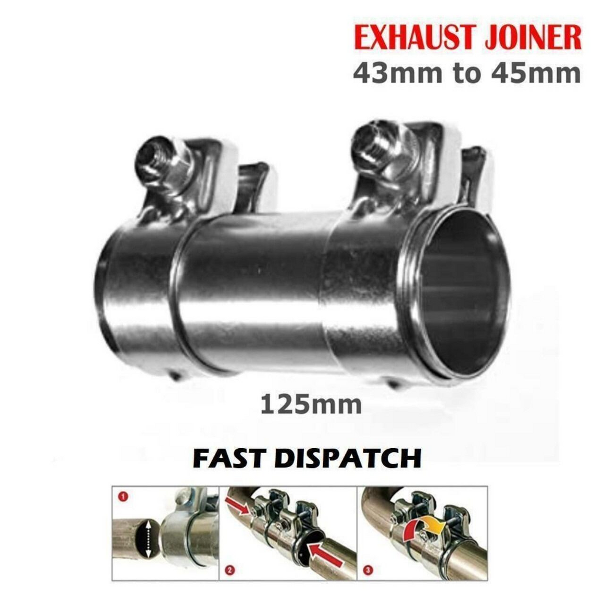 Heavy Duty Adjustable Car Exhaust Pipe Connector Joiner Clamp - 43mm to 45mm, 125mm