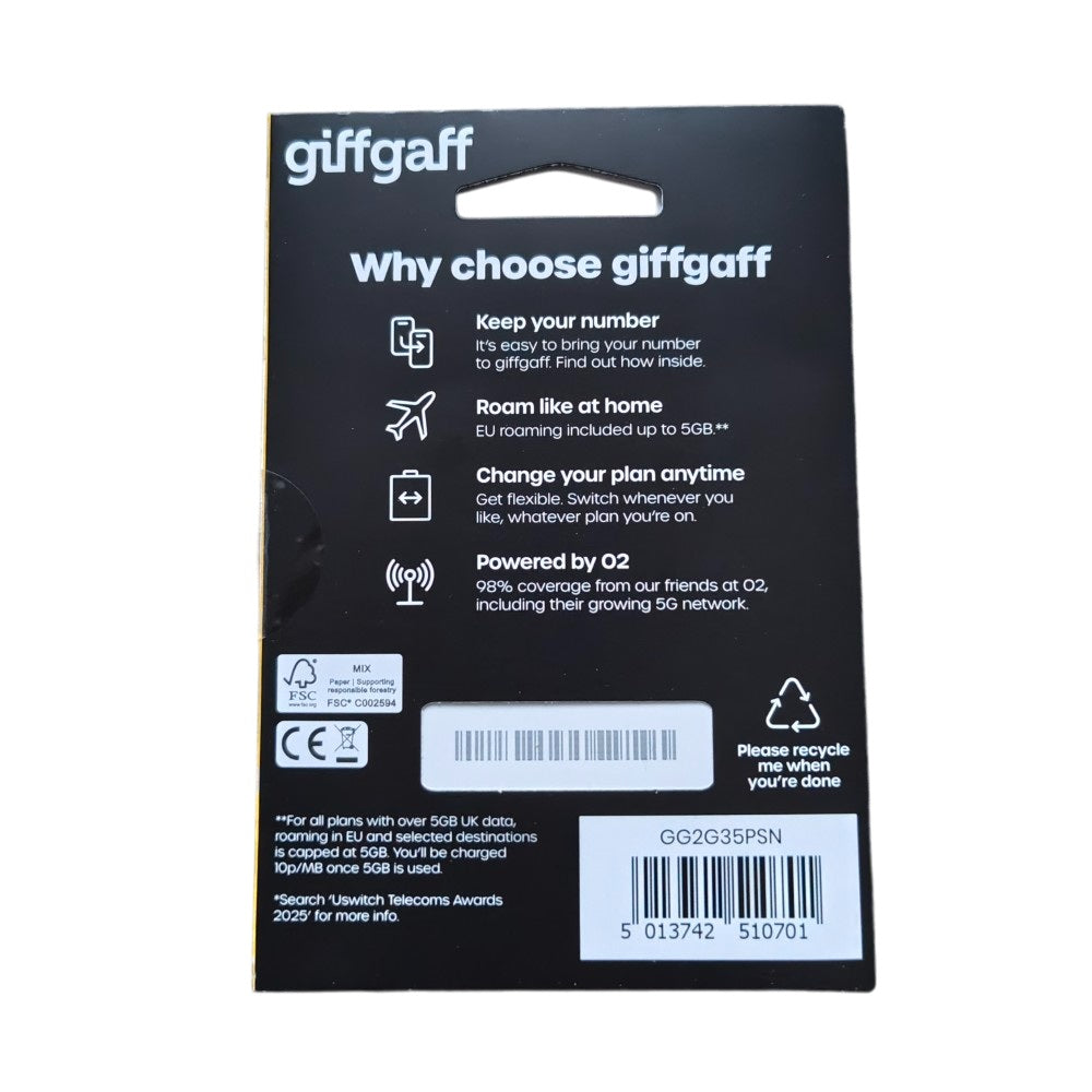 giffgaff Pay As You Go Sim Card - £35