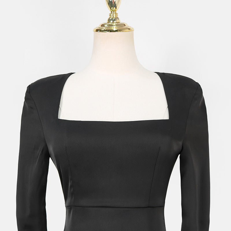 Black Long Sleeved Square Neck Dress For Women