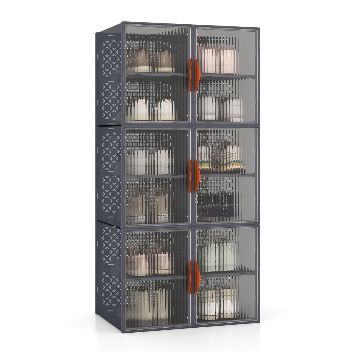 6 Pack 12-Grids Plastic Stackable Shoe Storage Boxes with Clear Magnetic Doors-Grey