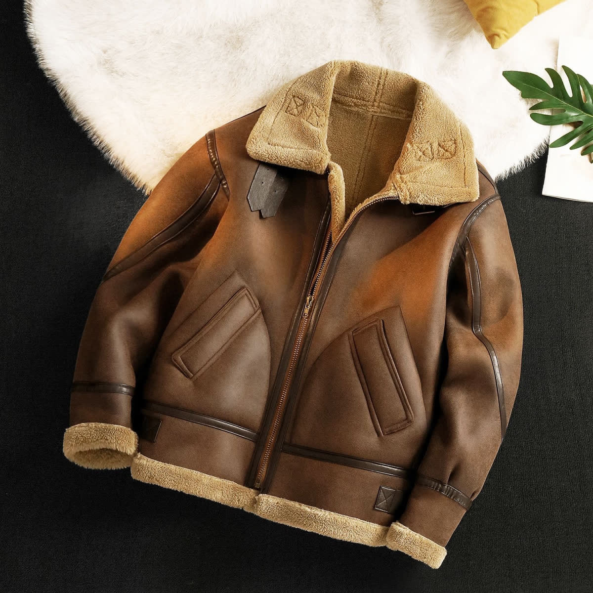 Men's Winter Fleece-Lined Thickened Kamela PU Leather Lamb Wool Integrated Cotton Jacket