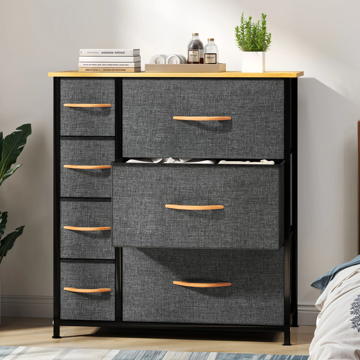 7 Drawer Fabric Dresser Storage Home Organiser Steel Frame Wood Chest Bedroom