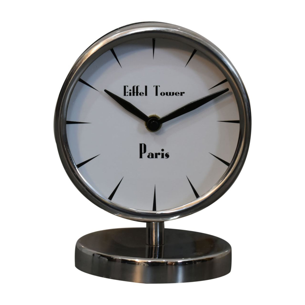 Artisan Round Chrome Table Clock with White Face