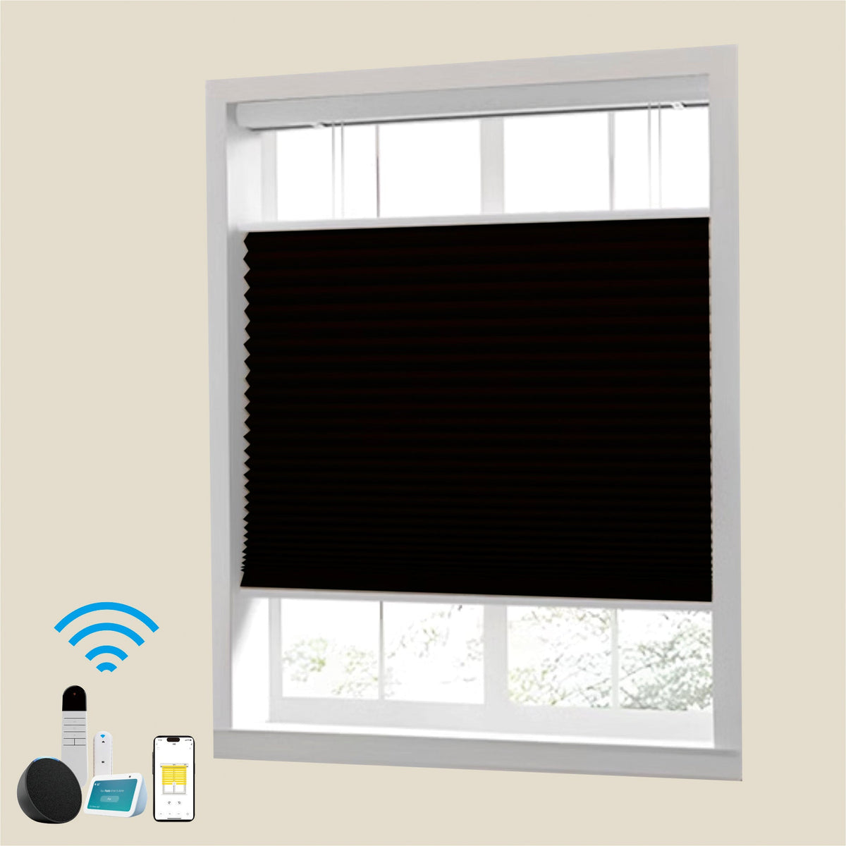 Raised Flag Day-Night Shade With Remote Control And Solar Panel-Full Blackout Motorized Shades For Home And Office-Cordless Organ Shade-Cordless Cellular Shade-Khaki