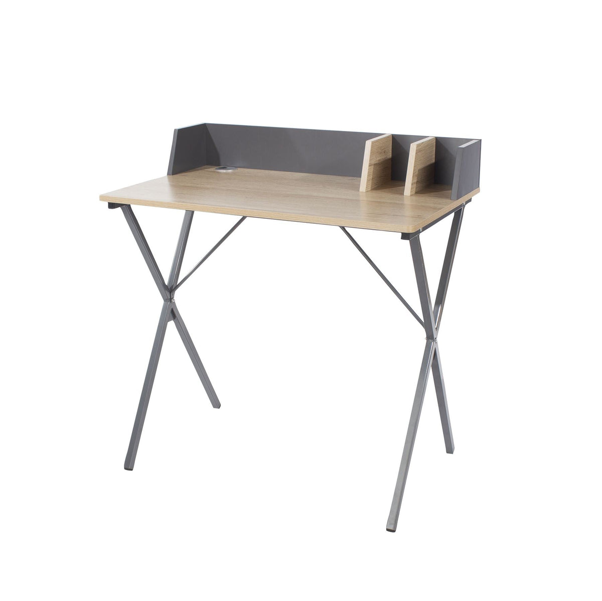 Loft Home Office Study Desk Oak Effect Top With Grey Metal Cross Legs