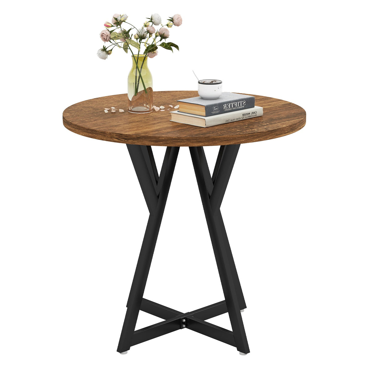 80cm Round Dining Table with Metal Pedestal Base and Adjustable Foot Pads-Natural