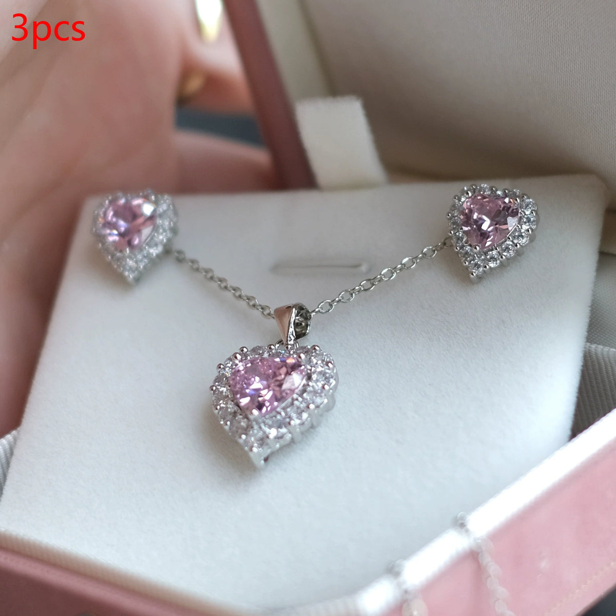 Love Heartbeat Pink Love Zircon Earrings Necklace Set Qixi Valentine's Day Gift For Girlfriend