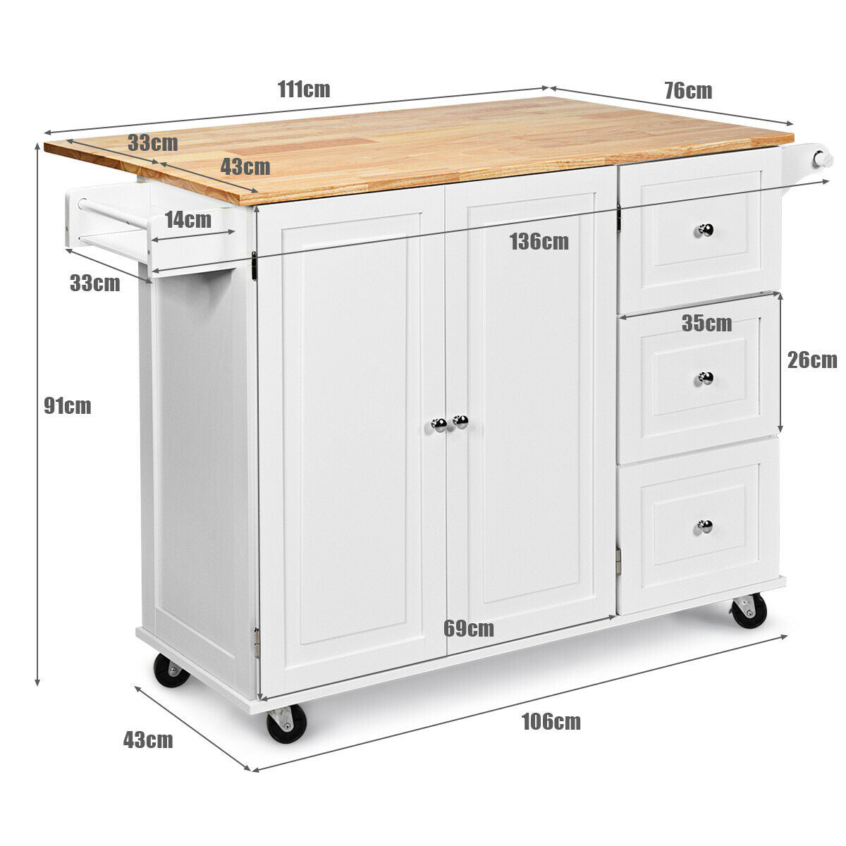 Kitchen Island Trolley with 3 Drawers and 2-door Cabinet-Brown