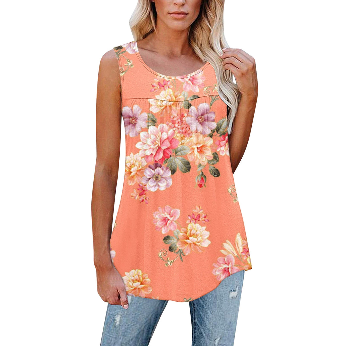 Flower Print Sleeveless Pleated Casual Loose Vest T-shirt Women's Clothing