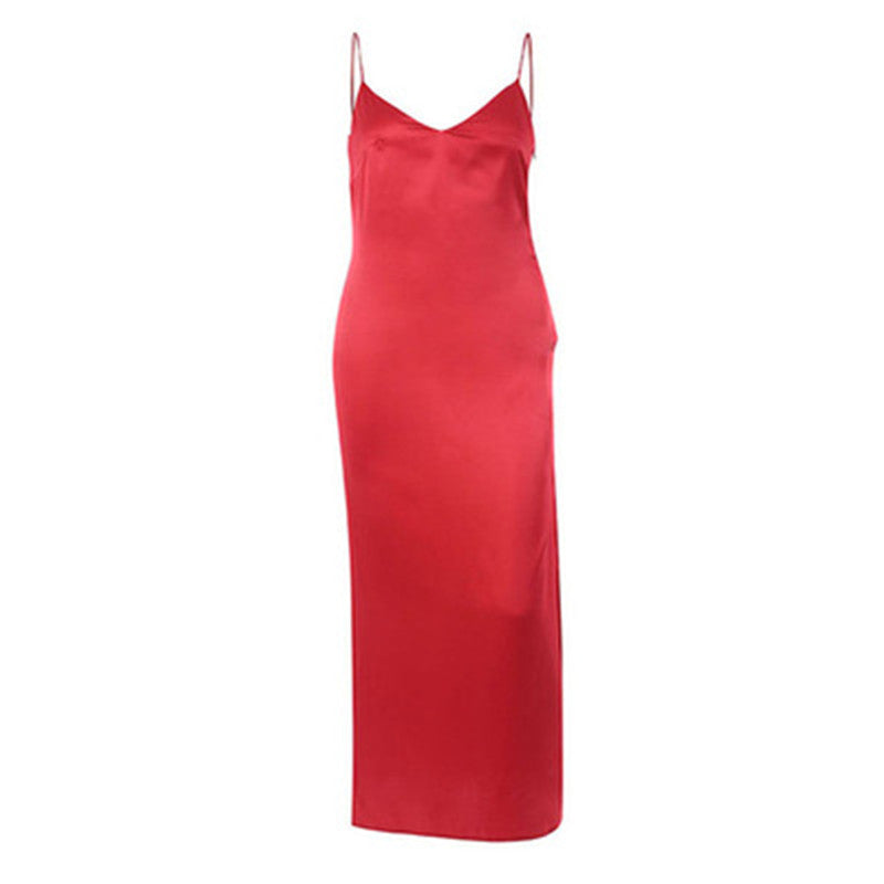 Sexy Women Satin V Neck Maxi Backless Side Split Long Dress