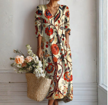 Loose V-neck Fashion High-end Long Sleeve Printed V-neck Dress