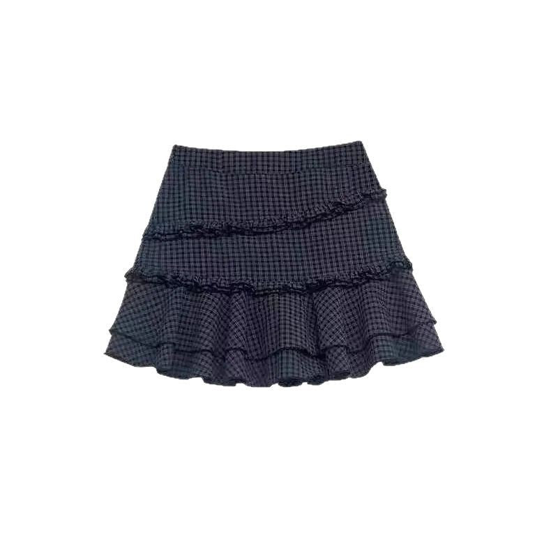 Retro plaid design, ruffled high-waisted A-line mini skirt
