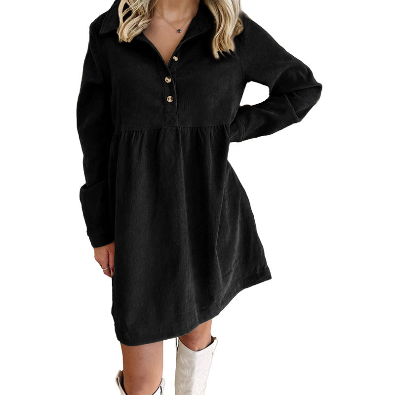 Oatmeal Corduroy Half Button Collared Long Sleeve Mini Dress