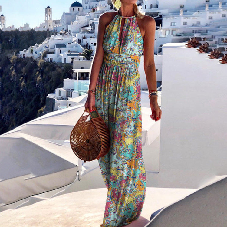 Round Neck Halter Backless Sexy Print Dress Women's Summer Dress
