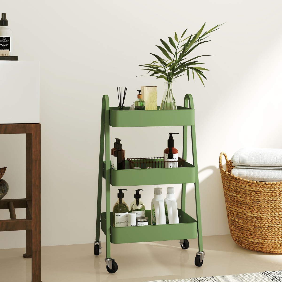 HOMCOM 3-Tier Rolling Utility Cart Kitchen Storage Trolley on Wheels Green
