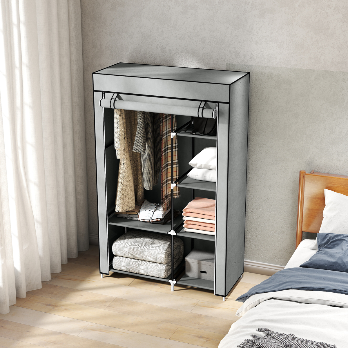 Fabric Wardrobe Portable Wardrobe with 6 Shelves 1 Hanging Rail Light Grey
