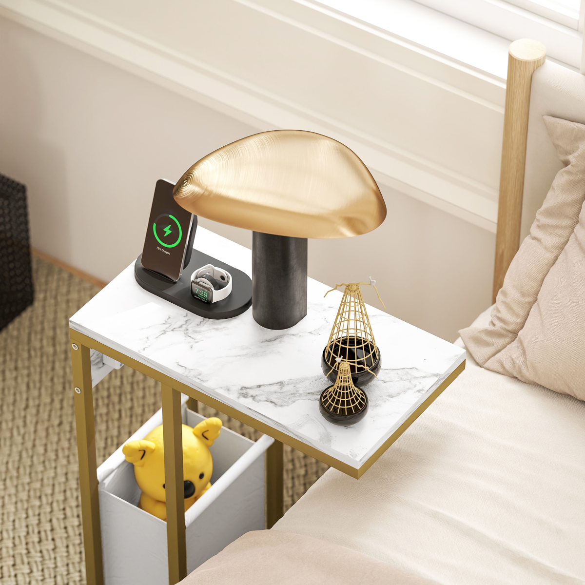 HOMCOM C Shaped Side Table, Faux Marble Bedside Table with Charging Station