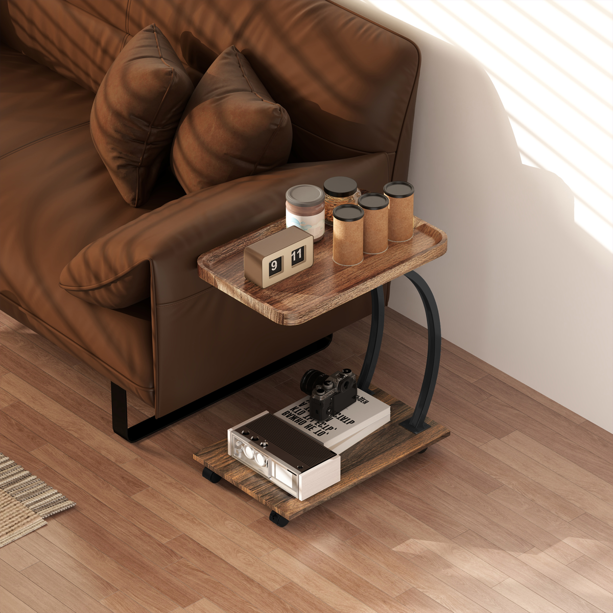 HOMCOM C Shaped Side Table with Storage & Wheels for Living Room, Brown