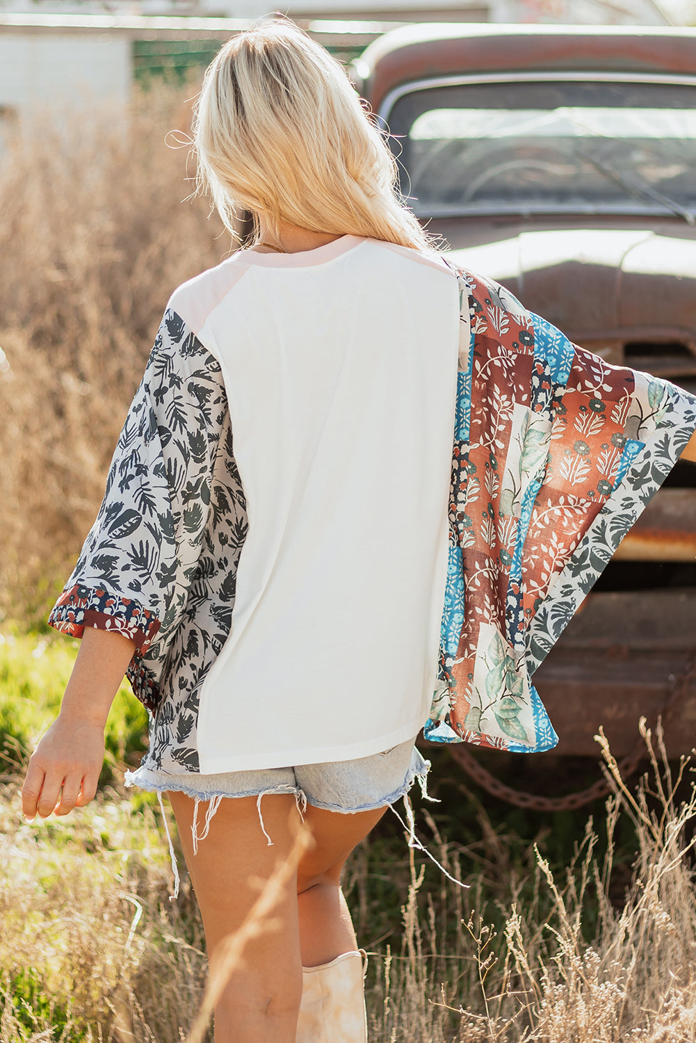 Multicolour Asymmetric Printed Patchwork Sleeve Peace Desert Graphic Top