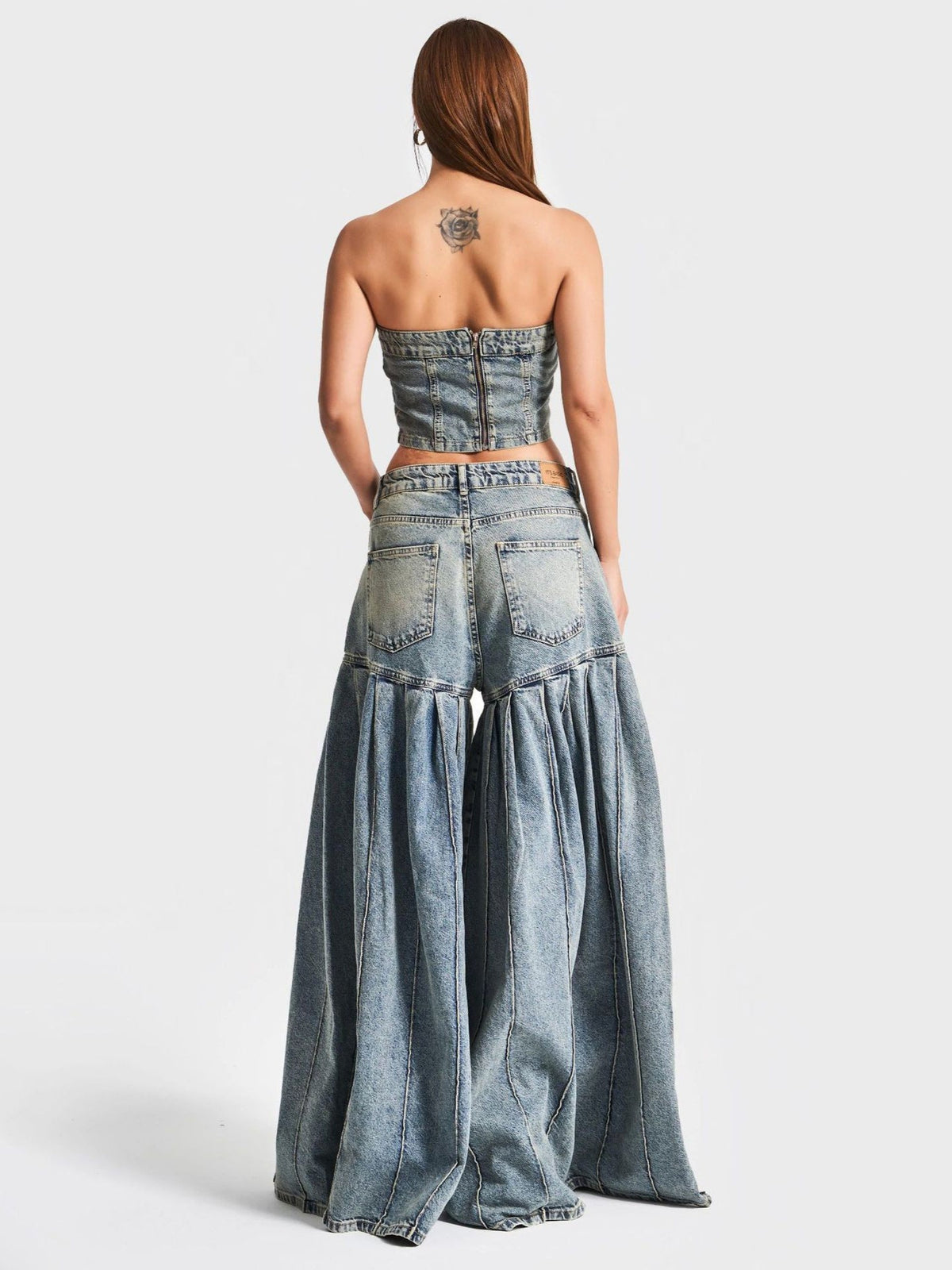 Strapless Denim Corset Crop Top & High - Waisted Pleated Wide - Leg Pants Set