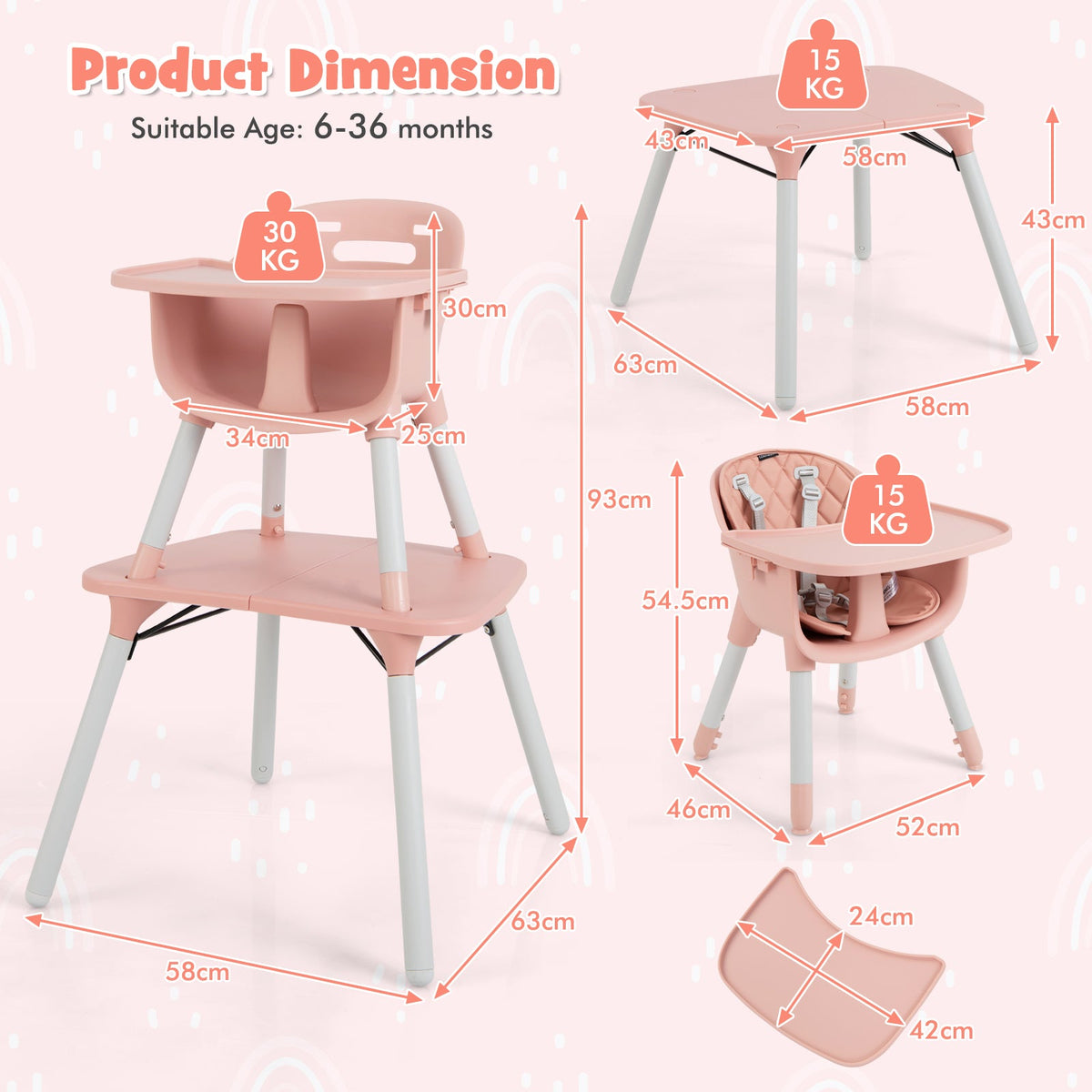 convertible Baby High Chair with 2-Position Removable Tray-Beige