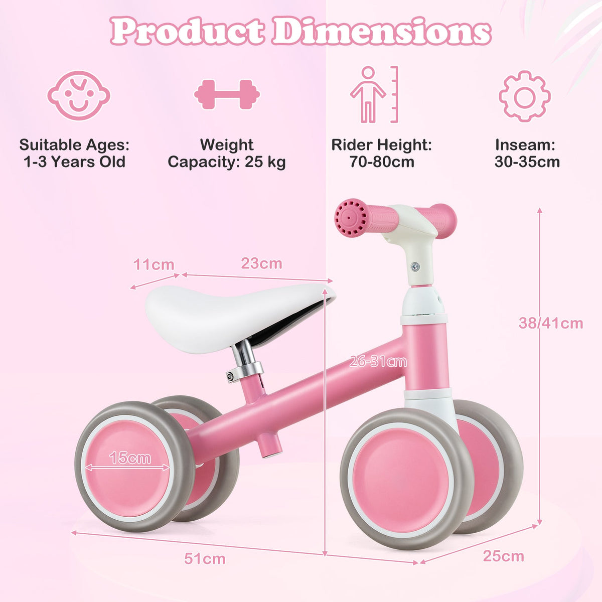 Baby Balance Bike with Height Adjustable Handle and Seat-Green
