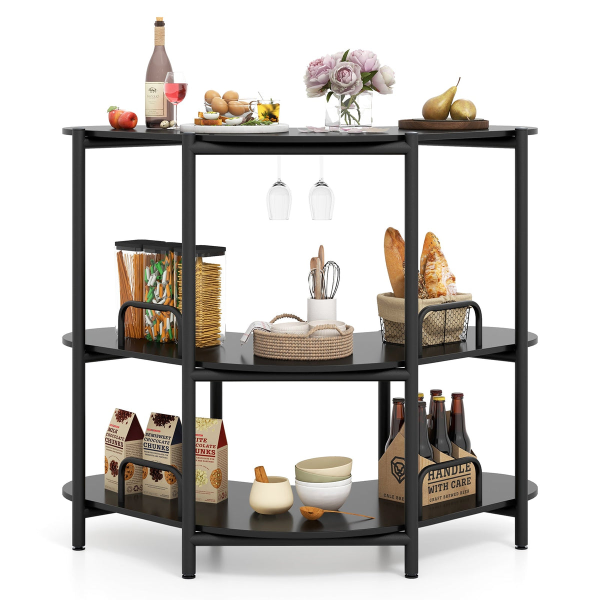 3-Tier Home Bar Unit with Stemware Racks and Storage Shelves-Rustic Brown