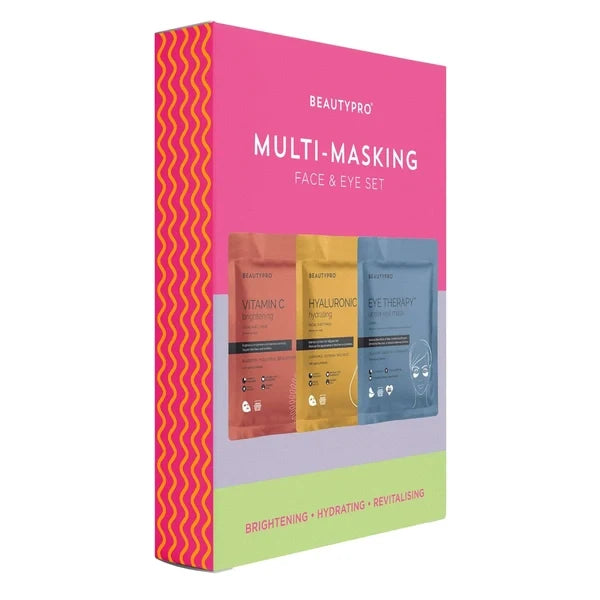 Beauty Pro Multi-Masking Face & Eye Set 3 Pieces (1x Vitamin C Brightening Sheet Mask 1x Hyaluronic Hydrating Sheet Mask 1x Eye therapy Mask)
