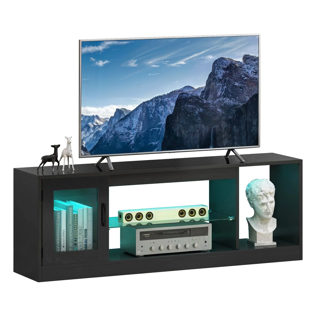 65 Inch TV Stand with LED Lights & Glass Shelves Modern Cabinet 148cm Remote
