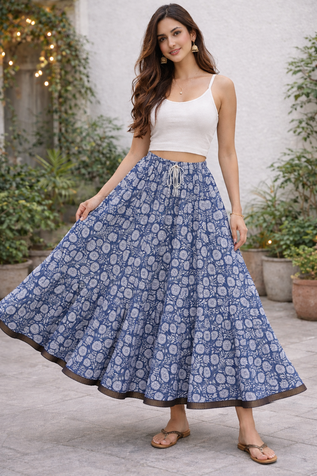 Blue Floral Tiered Cotton Maxi Skirt – Free Size