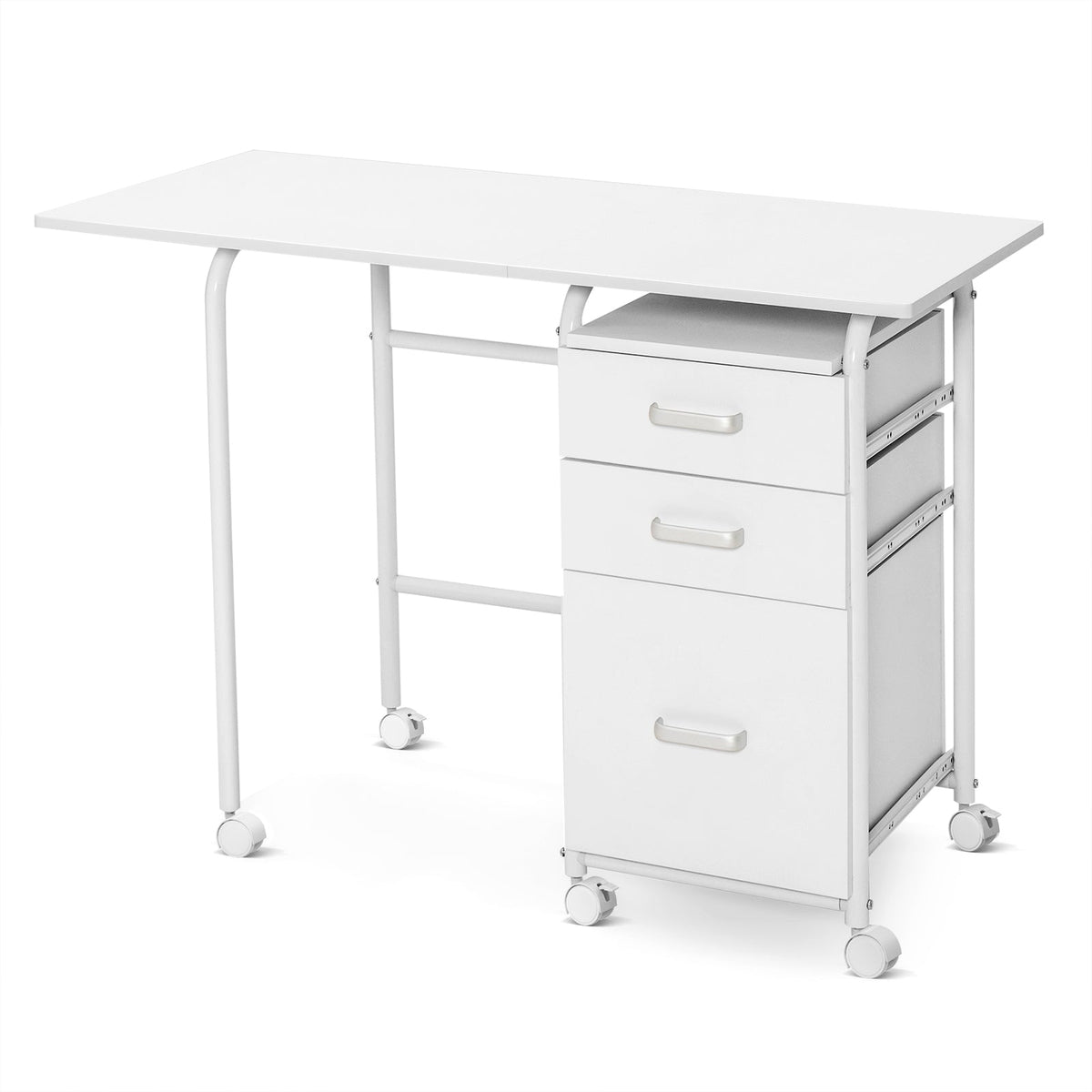 Folding Computer Desk with Rolling Wheels and 3 Drawers for Home Office-Brown