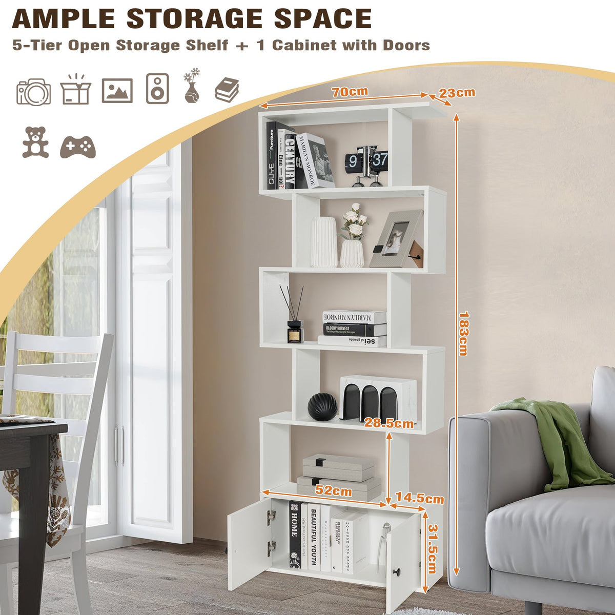 Industrial S-Shaped 5-tier Bookcase with Cabinet-Black