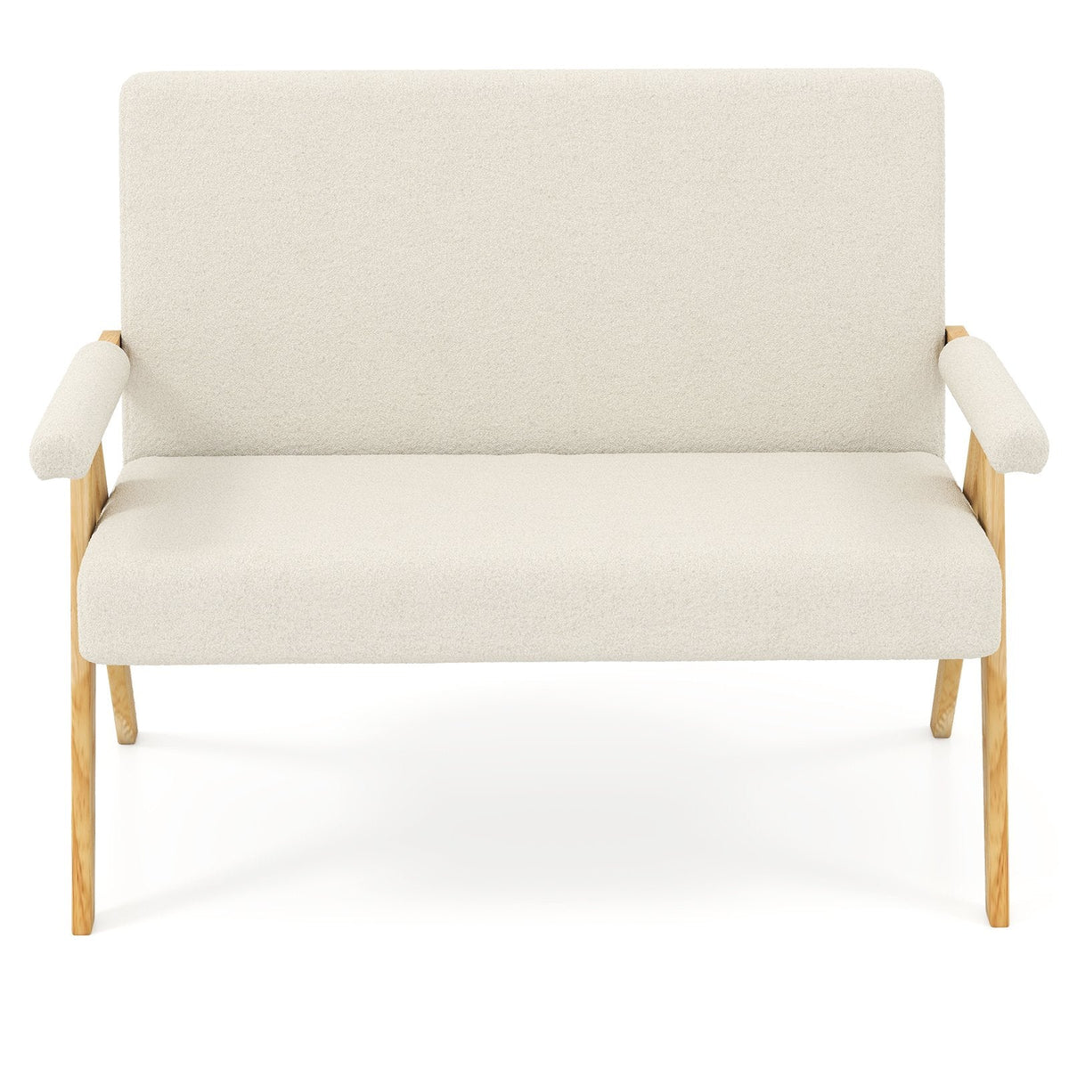 Comfy Upholstered Sherpa Couch with Armrests and Wooden Legs-Beige